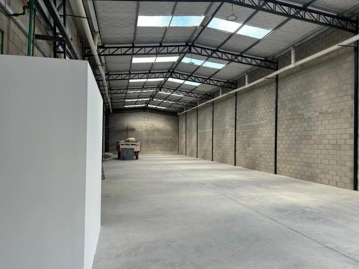 Interior real del galpón con estructura metálica y cubierta